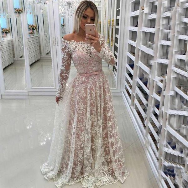 

lace long evening dresses 2020 a-line off shoulder with long sleeves plus size arabic formal dress evening gowns for women1, White;black