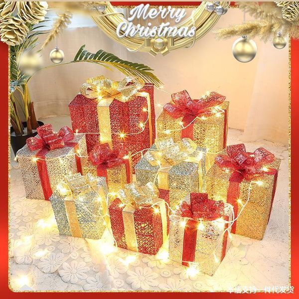 

christmas decorations gift box lamp three-piece set with battery holiday light string warm white led wrought iron decor scen1
