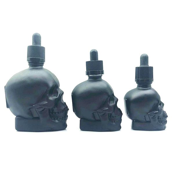 Leere 30ml 60ml Schädel geformte Glasflasche für kosmetische ätherische Öle mit schwarzer kindersicherer Kappe Matte Black Skull Tinkturölflasche Großhandel