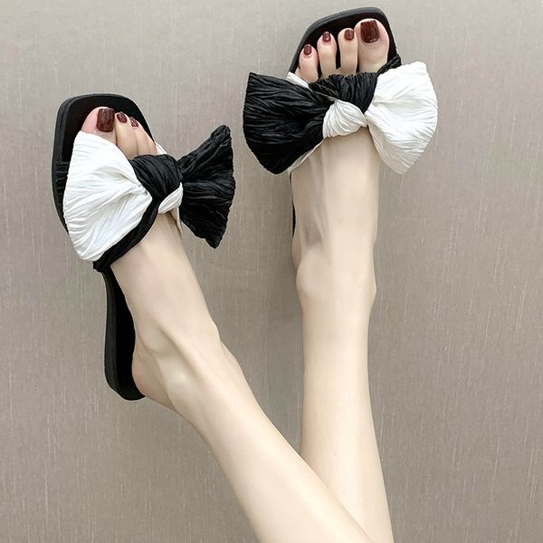 

simple bow tie slippers women wear 2020 new summer fashion wild open toe students non-slip female sandals and slippers x1020, Black