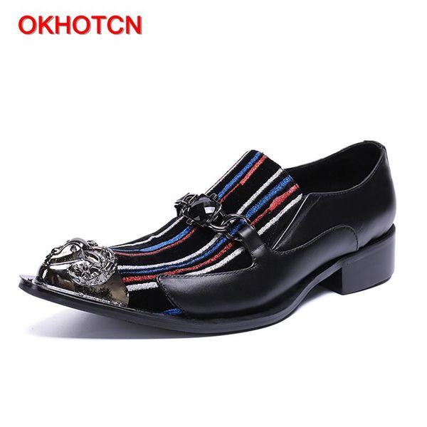 

okn fashion genuine leather man shoes color stripe metal pointed toe decor gentleman business wedding party shoes, Black