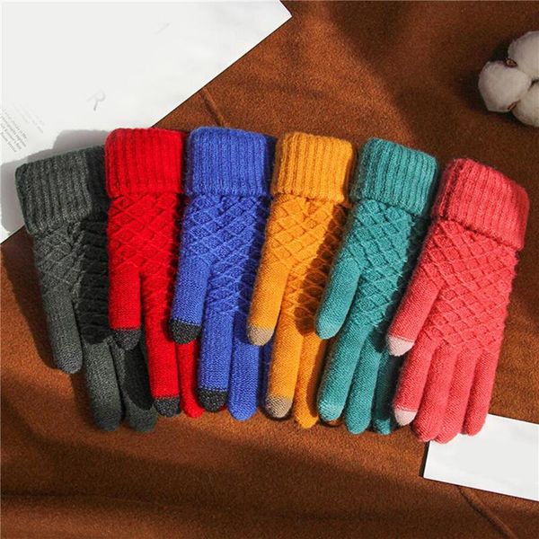 

five fingers gloves wool knitted full finger 2021 winter fashion ladies touch screen cute cartoon bear print girls christmas gifts, Blue;gray