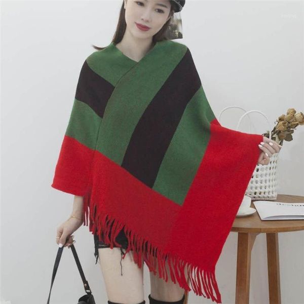 

2020 winter casual women stripe knitted poncho sweaters splicing v-neck pullover bat shirt lregular hem cloak tassel shawl capes1, White;black