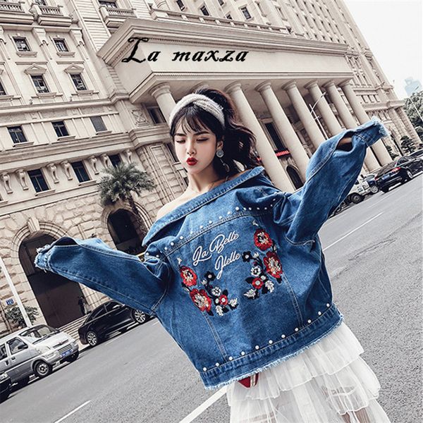 

plus size 5xl women winter denim jacket and coat embroidery bomber crop loose jeans women jackets, Black;brown