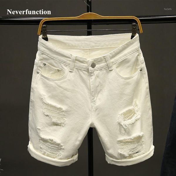 

summer white men ripped loose straight jeans short fashion hip hop bermuda holes male solid color casual beach denim shorts1, White;black