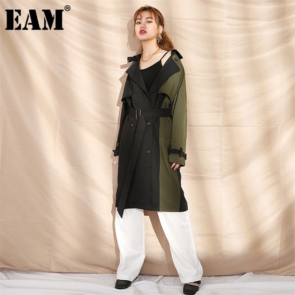 

[eam] women black contrast color trench new lapel long sleeve loose fit windbreaker fashion tide autumn winter 19b-a373-06 201031, Tan;black