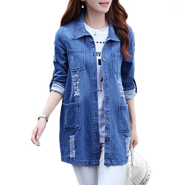 

plus size women denim jacket 2020 autumn new hole long basis coat women's loose seven-point sleeve jeans jackets tide 5xl f3861, Black;brown