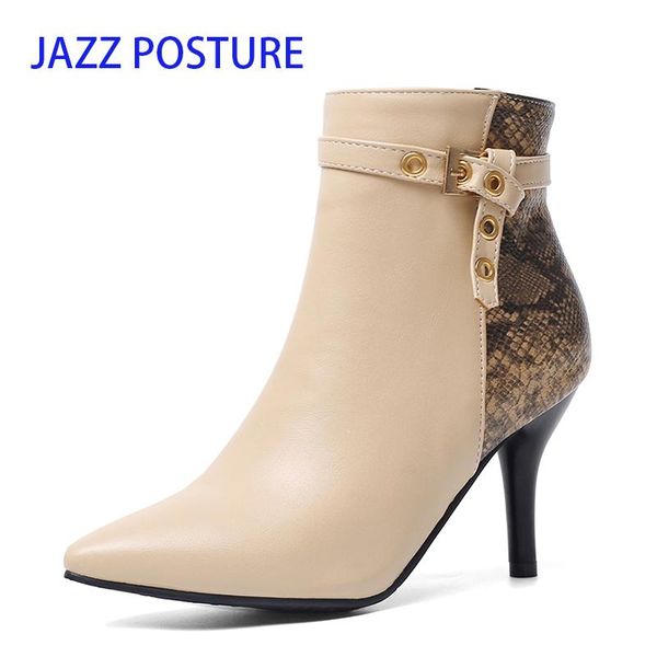 

ankle women boots snake pointed toe footwear booties warm short plush buckle 2020 thin high heels 8cm ladies shoes z290, Black