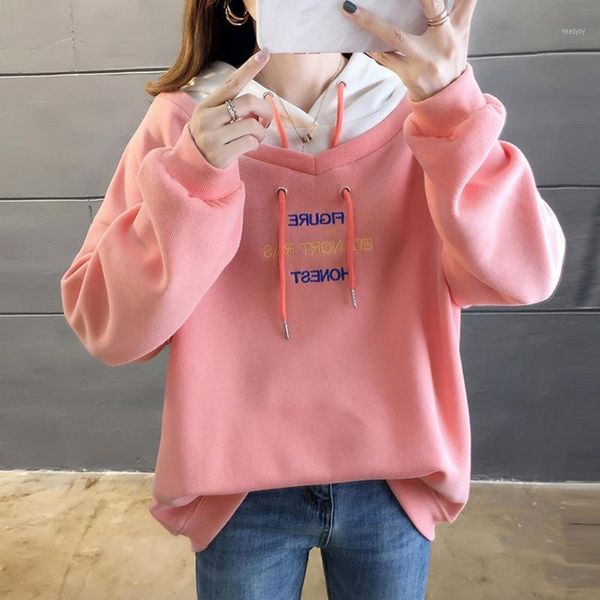 

2020 autumn trendy women pullover hooded collar patchwork letter print sweatshirt sweet casual female hoodies moletom feminino1, Black