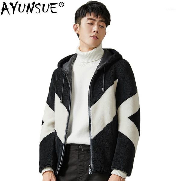 

ayunsue autumn winter jacket men sheep shearing short real fur coat men slim hooded wool jackets jaqueta masculina kj15171, Black