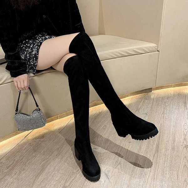 

одно обезьяна по колено сапоги женщин на высоких каблуках обувь зимние сапоги женщины длинные носок снег моды насосы, Black