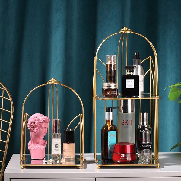 

nordic luxury metal bird cage shaped multilayer glass mirror storage shelve room bedroom tablecosmetic receives rack