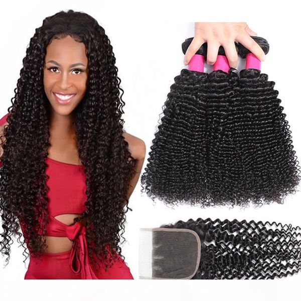 

9a brazilian virgin hair bundles with closures 4x4 lace closure human hair bundles with closure deep wave kinky curly loose wave body hair, Black