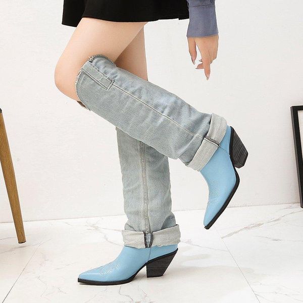 

rimocy 2021 new fashion knee high denim boots women casual pu leather thick high heels shoes woman autumn pointed toe jean boots1, Black