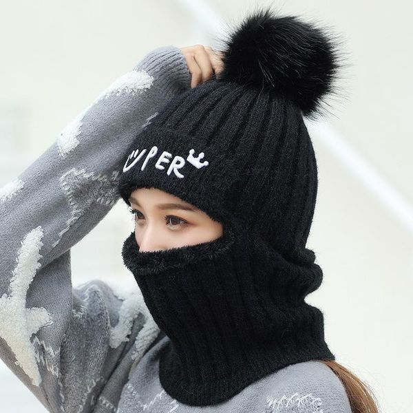 

beanie/skull caps sqteio autumn winter hat women knitted earmuffs wool mask warm plus velvet thickening cycling head collar jumper cap, Blue;gray