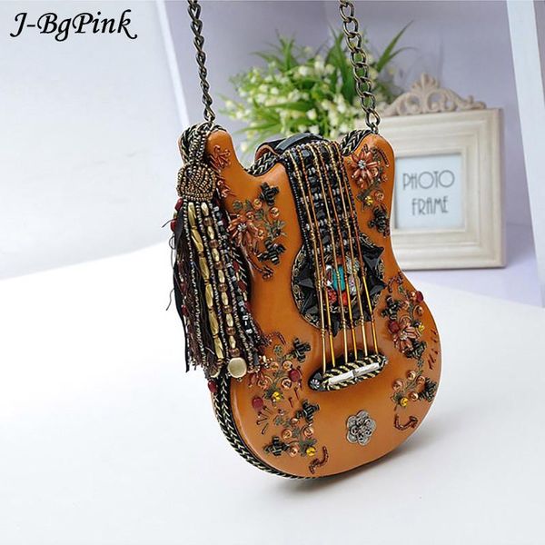

exquisite handmade musician shaped guitar chain cross body bag women's national style exquisite beading handbag tassel purse