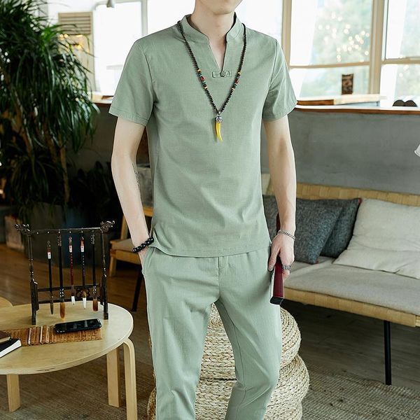 

thin summer linen set cotton men t-shirt slim short-sleeved solid color casual large size pants -5xl1, Gray