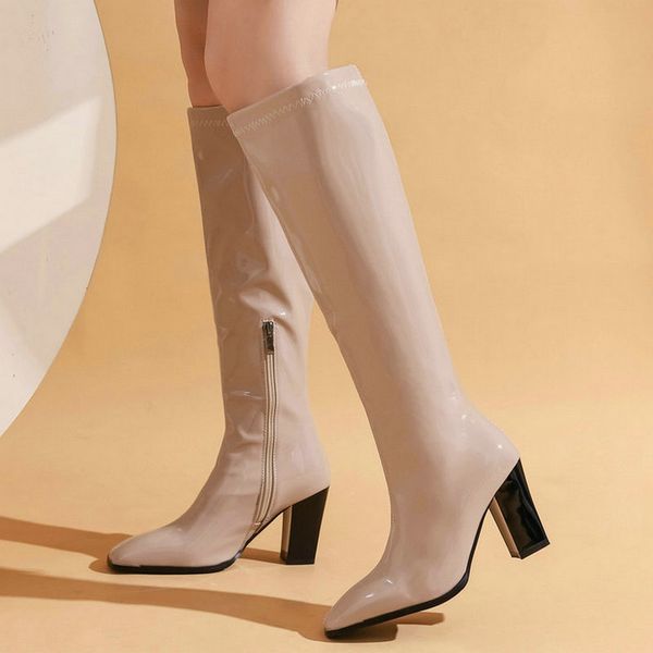 

2020 fashion patent pu leather women knee high boots square high heel ladies zipper shoes women winter boots big size 34-43, Black