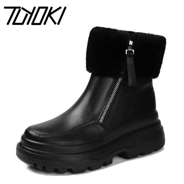 

tuyoki real leather women ankle snow boots plush fur zipper shoes round toe winter warm boots women fashion footwear size 33-40, Black