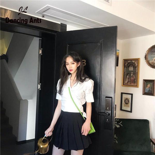 

woman crop short puff sleeve v-neck short blouse korean streetwear slim female chic pullover 2020 summer fashion1, White