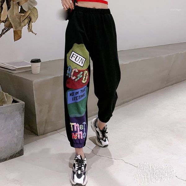 

spring loose pants women sequins sweatpants oversized hip hop streetwear letter graffiti leisure pants women polyester trousers1, Black;white