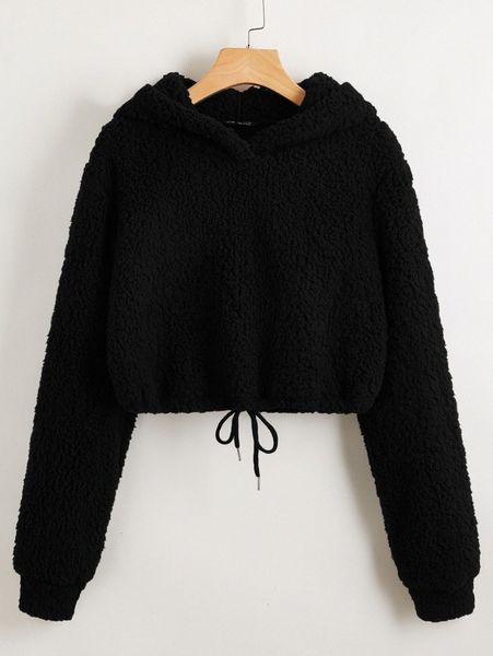 

drawstring hem crop teddy hoodie v1q2#, White;black