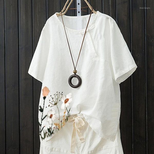 

5xl women blouse plus size women cotton linen short sleeve embroidery print o-neck shirt blusas mujer de moda 20201, White