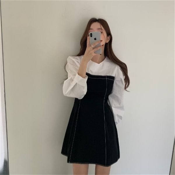 

2021 new 2021 spring new korean net celebrity fashion design sense open line contrast color fight receiving waist dress women mtog, Black;gray