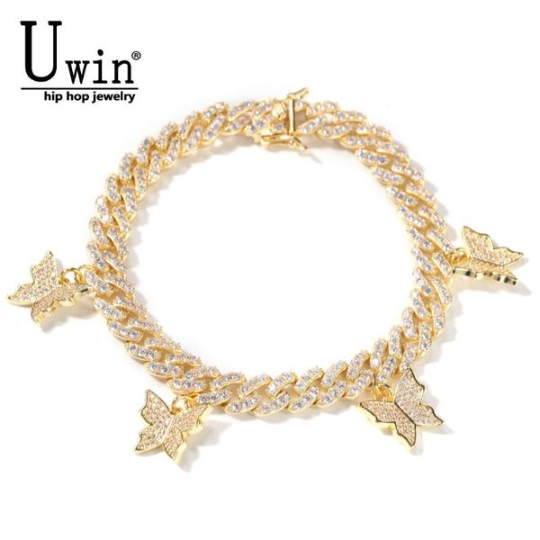 

uwin 9mm cuban bracelet with butterfly mini ankle pink cz punk miami link bling hip hop jewelry for gift, Black