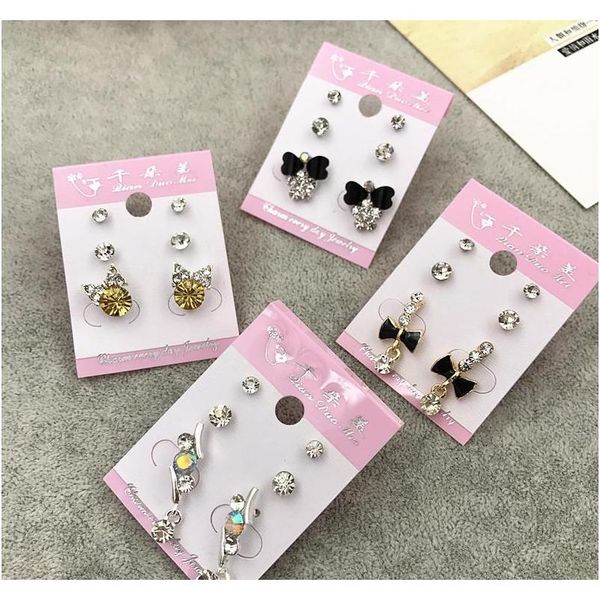 

wholesale stud crown princess cross wedding earrings fashion 3 pair/lot silver gold rhinestone pearl opal zircon tr wmtocm luckyhat, Golden;silver