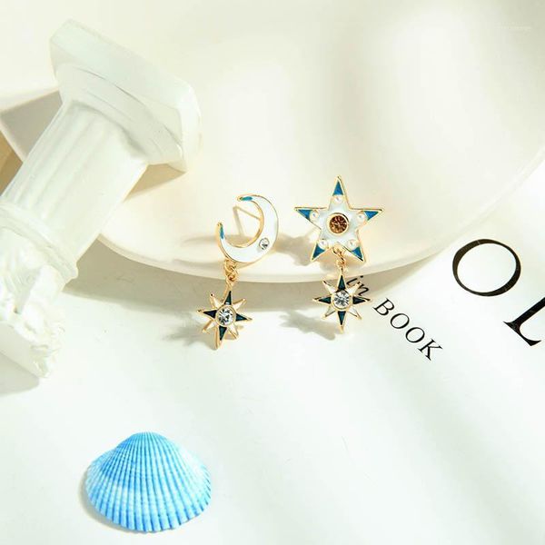 

dangle & chandelier bohemia star moon asymmetric drop earrings for women contrast color enamel crystal acrylic pearl 2021 fashion jewelry1, Silver