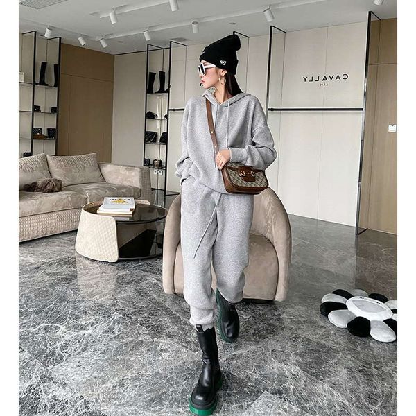

casual sports hooded sweater women plush autumn winter loose pants two piece suit fashion, Gray