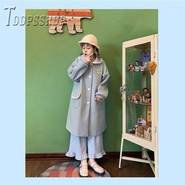 

2020 winter thick women woolen coat preppy style doll collar sweet long style female jacket1, Black