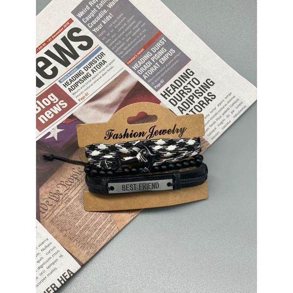 

junwei men's anchor leather bracelet black beads woven handmade bracelet three-piece set junw jllzay