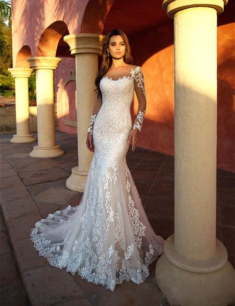 

sheer long sleeves lace mermaid wedding dresses 2021 scoop neck tulle applique sweep train wedding bridal gowns robes de mariée with buttons, White
