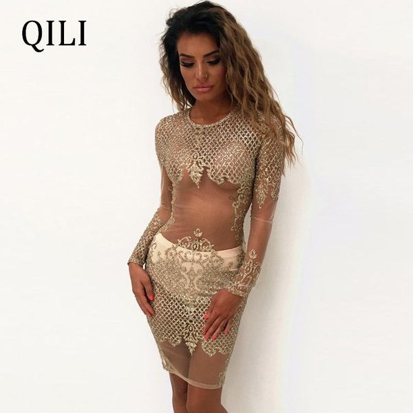 

casual dresses qili long sleeve voile dress women see through mesh sequin summer club for womens, Black;gray