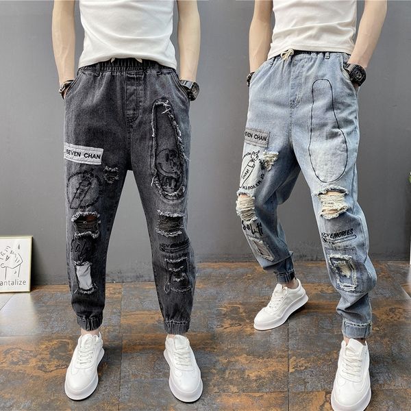 

we43g spring slim jeans br high-end men's fashion with holes casual jeansjeans jeansand holeskorean fashionnew summer fit pantscasual p, Blue