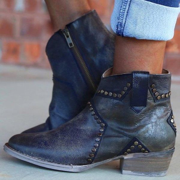 

women ankle boots low heels autumn vintage pu leather matin rivets shoes plus size gladiator booties woman mujer zapatos d2191, Black