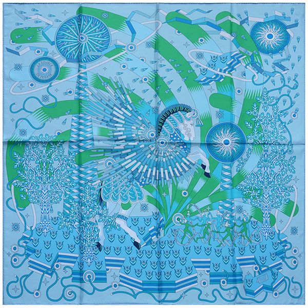 

huajun 2 store|| a cool summer "la source de pegase" 90 silk square scarf twill spray scarf handmade curling y201007, Blue;gray