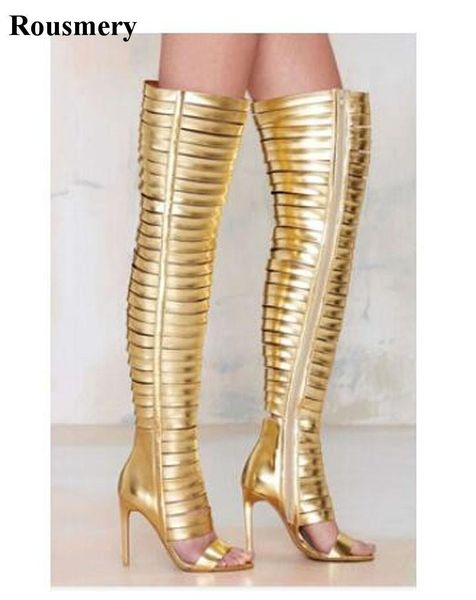 

boots western style women fashion open toe strap combined over knee gold black gladiator long slim high heel