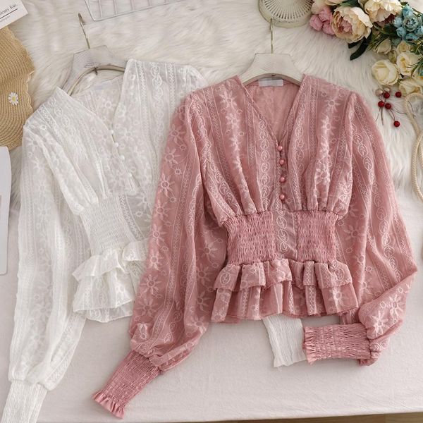 

spring autumn sweet pink/white lace blouse women v-neck single breasted embroidery shirts female long sleeve fashion1