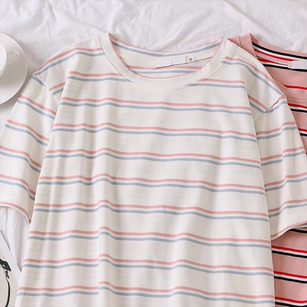 

summer korean women casual loose stripe print t shirts ulzzang harajuku o neck short sleeve student pink tee poleras mujer, White