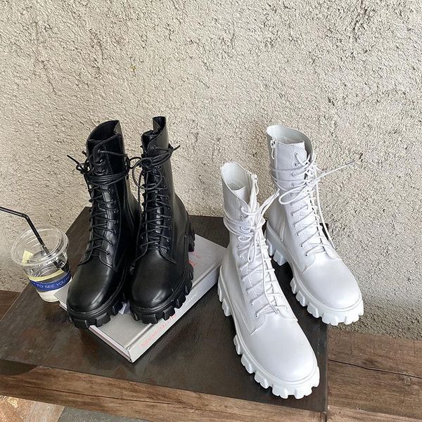 

lace up boots women's rubber shoes rain boots-women luxury designer round toe riding mid calf 2020 fashion rock med pu spring, Black