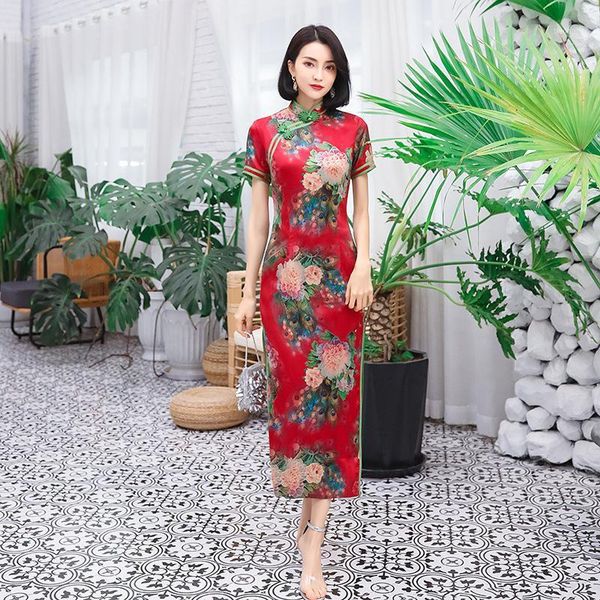 

female vintage long cheongsam mandarin collar slim chinese dress mandarin collar printed qipao vestidos -4xl1, Red