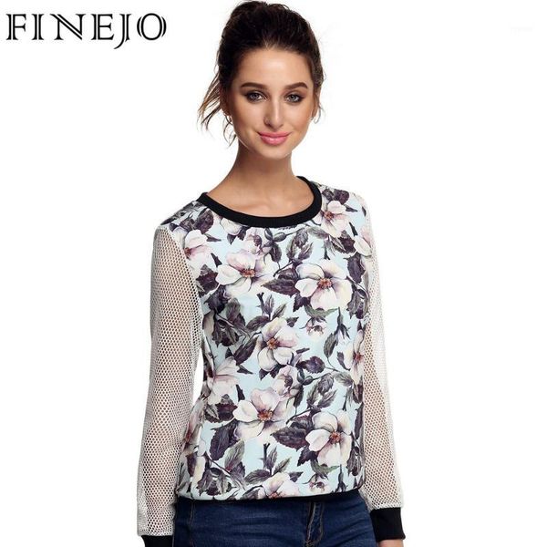 

wholesale- finejo 3d print floral patchwork sweatshirts lady fashion casual long mesh hollow out sleeve o neck loose clothes m-3xl1, Black