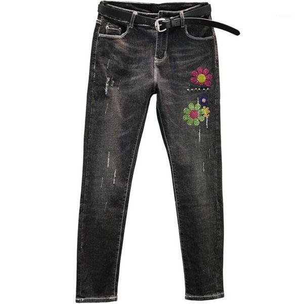 

cotton stretch jeans women's 2020 autumn new style high-waist slim colored flowers drilled denim pants r14891, Blue