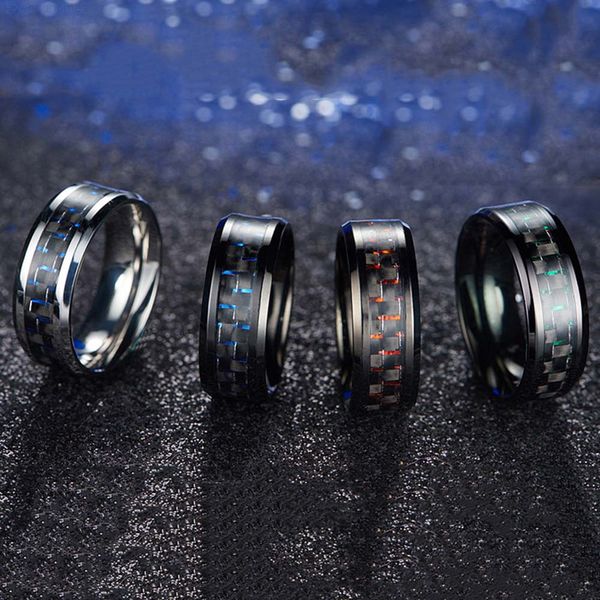 

stainless rings black cool carbon 361l fiber mens steel man's fashion red blue ring anel masculino jewelry, Silver