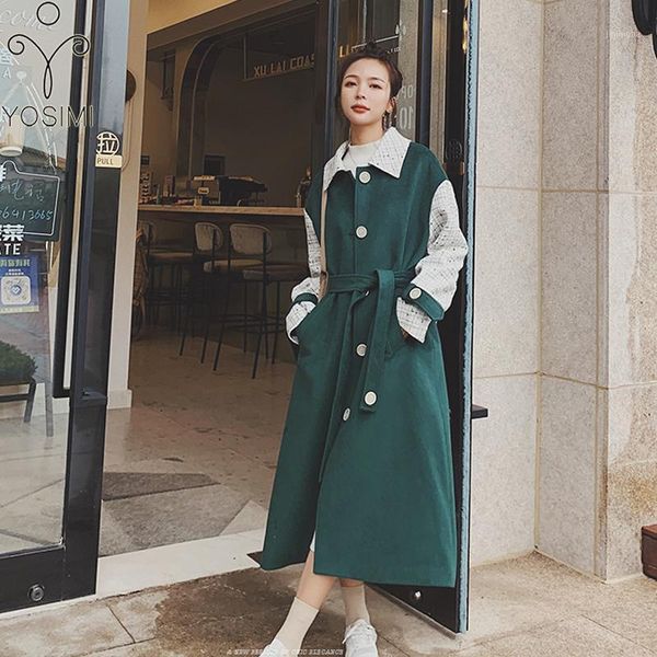 

yosimi women wool coat 2020 autumn winter maxi plus size drop-shoulder turn-down collar green long woolen coats and jacket women1, Black