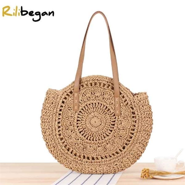 

fashion woven bag women round summer beach shoulder vintage straw female crossbody handle handbag tote 220303