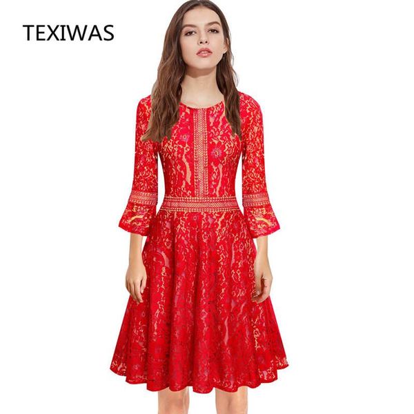 

texiwas 2020 spring autumn new o neck horn long sleeves hollow lace slim women's fashion zipper long multicolor big swing dress, Black;gray